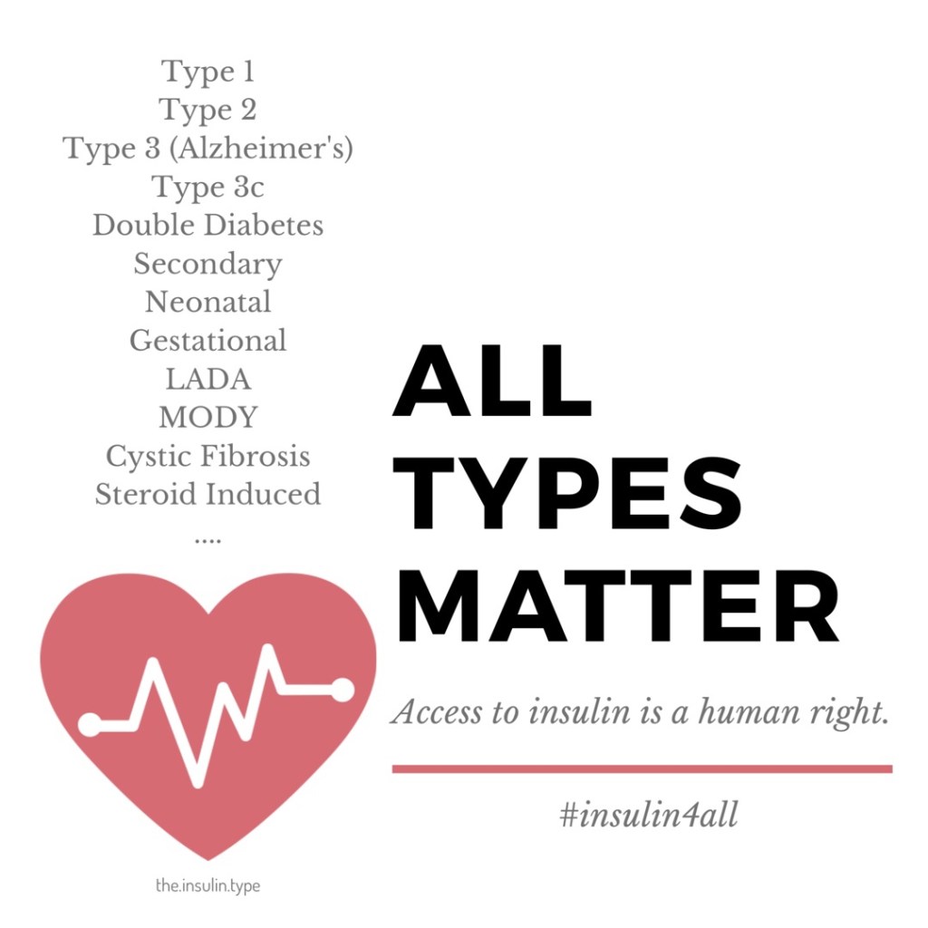 Image listing all types of diabetes, type 1, type 2, type 3 (Alzheimer's), Type 3c, Double Diabetes, Secondary, Neonatal, Gestational, LADA, MODY, Cystic Fibrosis, Steroid Induced. All types matter. Access to insulin is a human right.